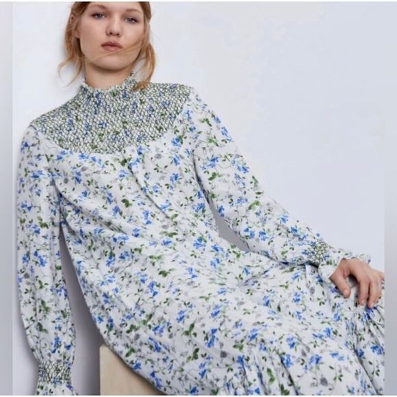 ZARA White Floral Print High Neck Flowing Cottage Core Maxi Dress XS - Picture 1 of 9